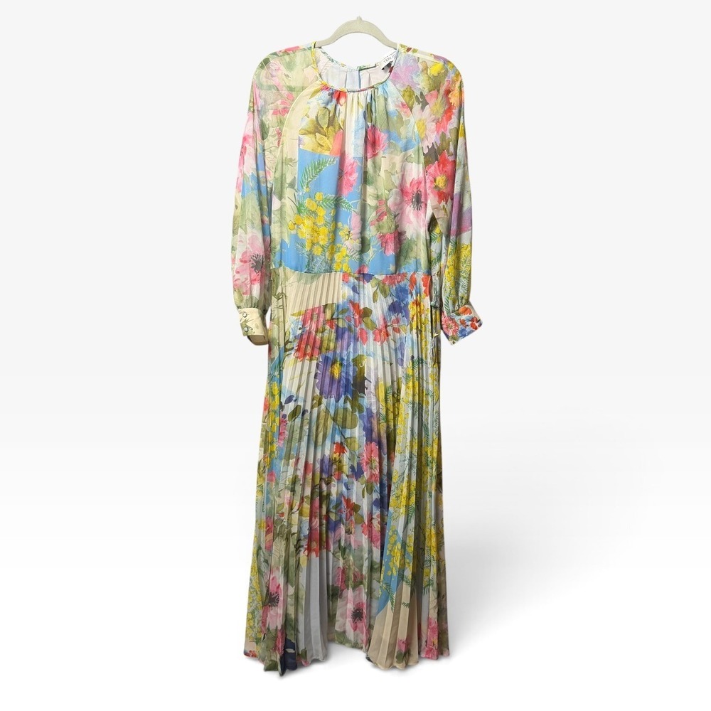 Teri Jon Patchwork Print Pleated Chiffon Maxi Gown Floral Long Sleeve 16 READ